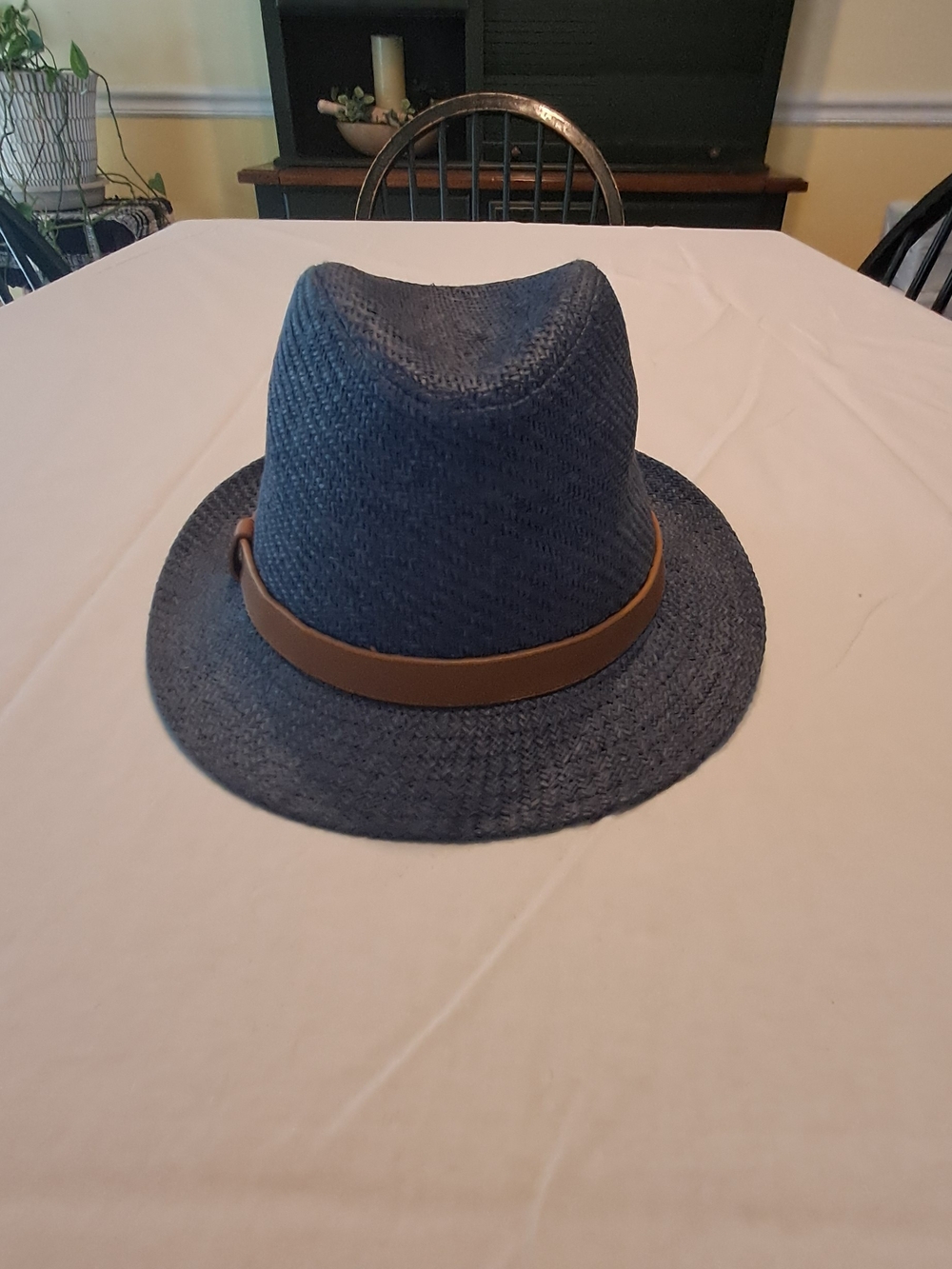 Blue Straw Fedora with Brown Band